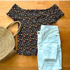 ALMOST FAMOUS black floral shirred off shoulder top